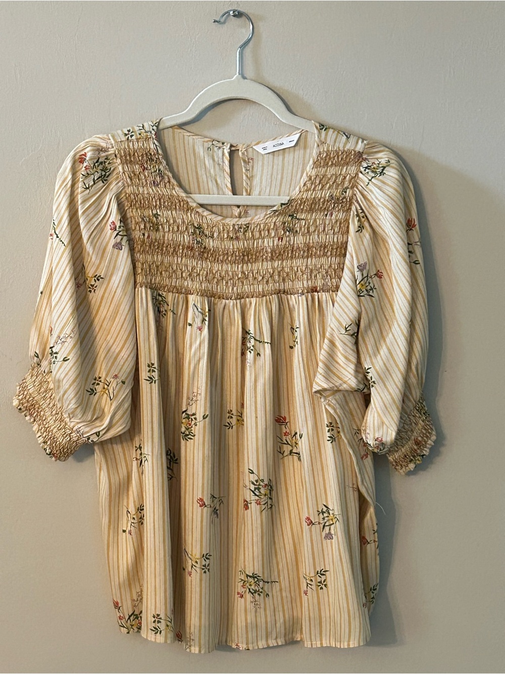 ACOS&A Womens Sz M Yellow Gold Stripe Smocked Floral Pheasant Sleeve Boho Whimsy
